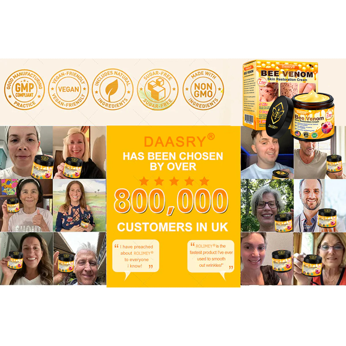 Daasry® Botox Bee Venom Skin Restoration Cream - Anti-aging, Hydrating, Skin Firming & Lifting, Skin Repair, Even Tone, Acne and Dark Spot Treatment, Wart and Mole Removal, and Psoriasis Relief.